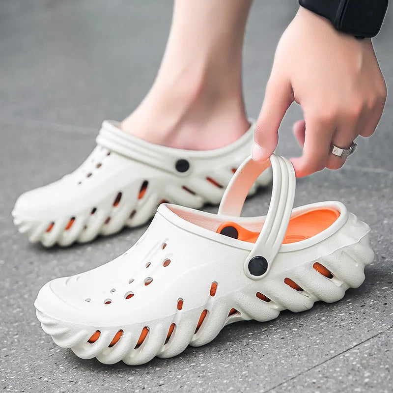 Men's beige EVA slipper sandals with hole design and non-slip outdoor soles