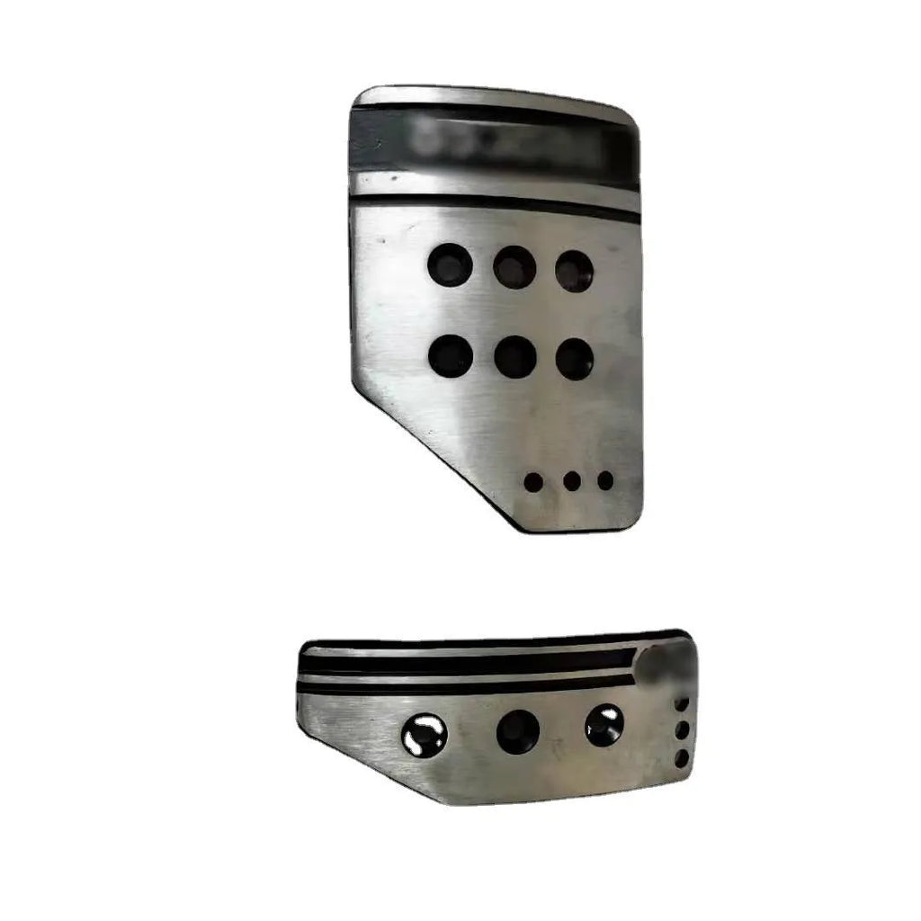 Aluminium alloy manual transmission car pedal set showing clutch, brake and accelerator in SPC grey finish with screws and nuts.
