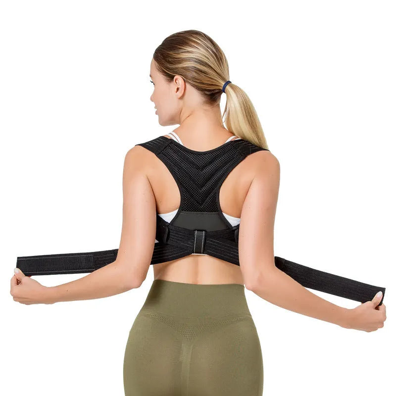Black anti-humpback posture correction belt for back and shoulder alignment support