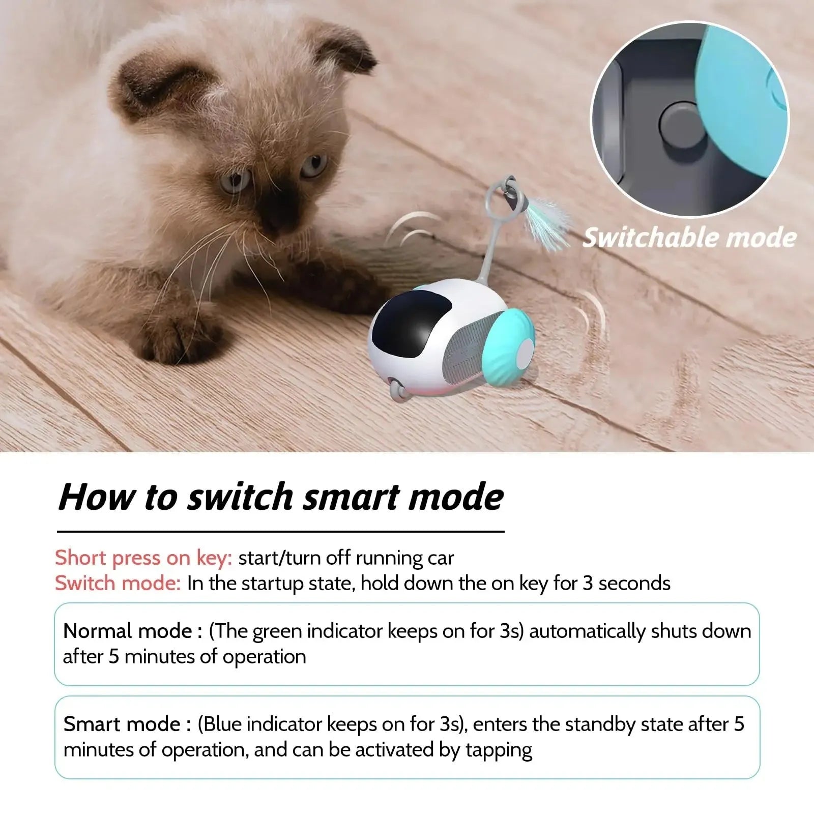 Blue smart cat toy car with feather teaser and remote control unit