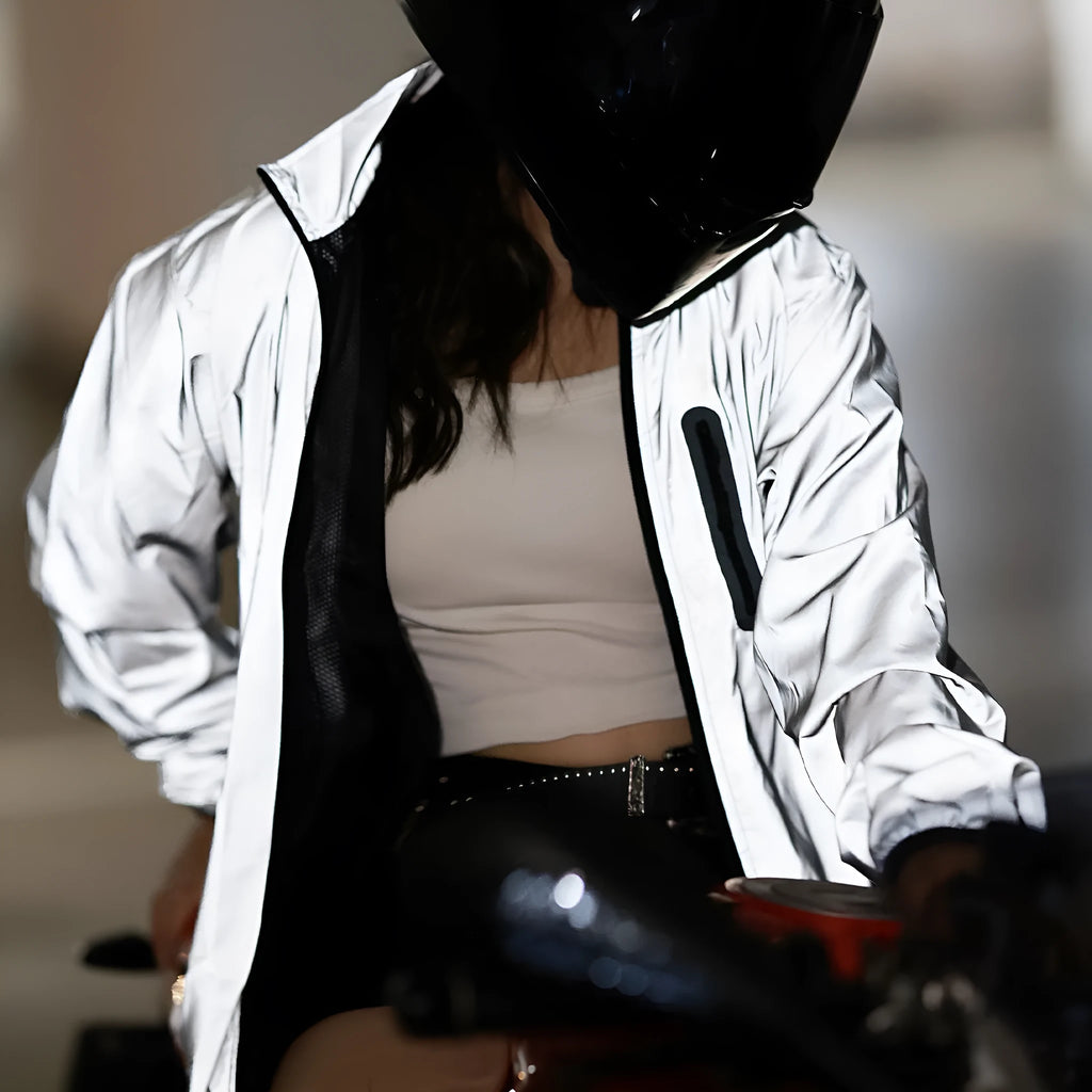 Silver waterproof polyester long sleeved top with European sizing from S to 3XL displayed front view