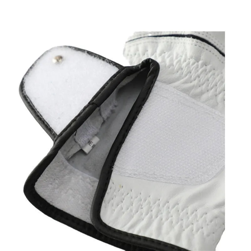 Men's white half sheepskin golf glove showing non-slip palm detail.