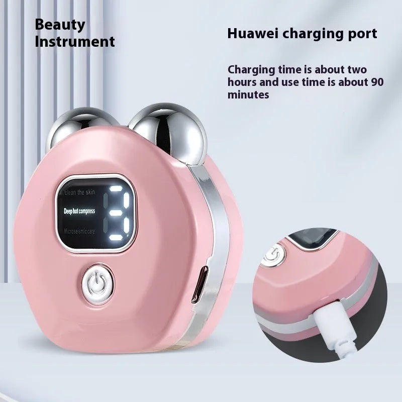 White portable hot compress massage instrument with double-roller head and charging cable