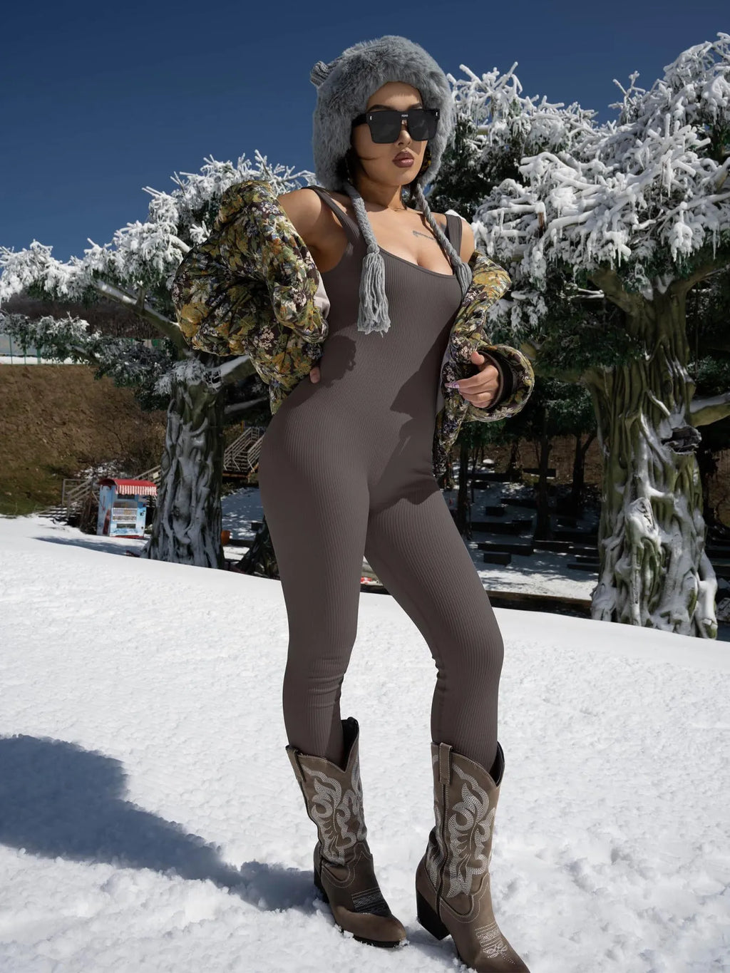 Women's spandex suspender tank top tights with long sleeves and button details