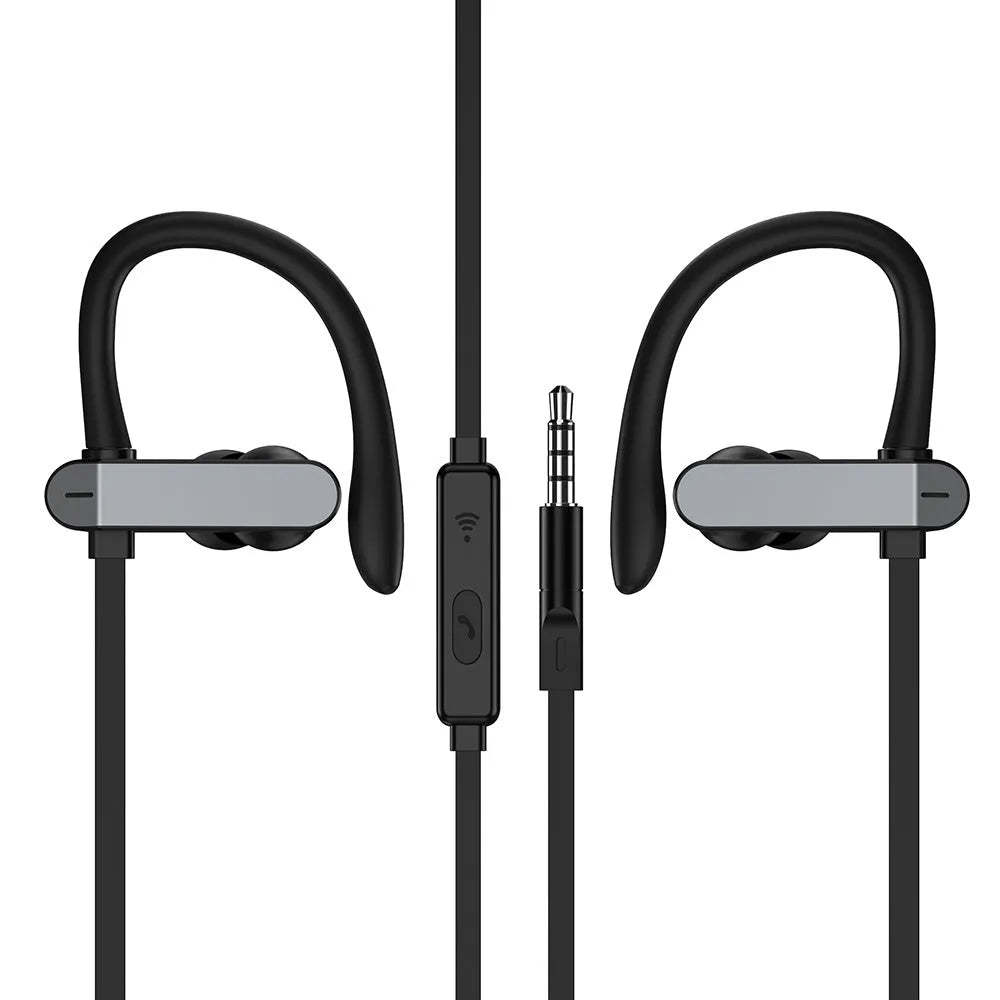 Black and blue sport ear hooks attached to PTM TS27 earphones with microphone.