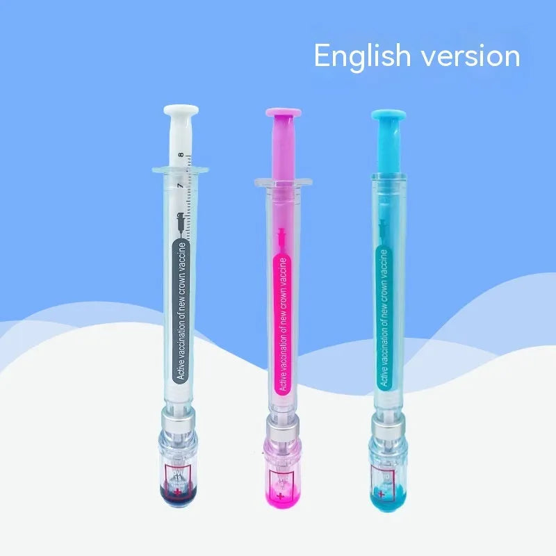Vaccine design gel pen with syringe-styled plastic barrel and black 0.5mm refill