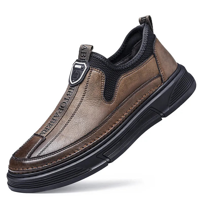 Men's solid color casual leather round toe shoes in black and brown options