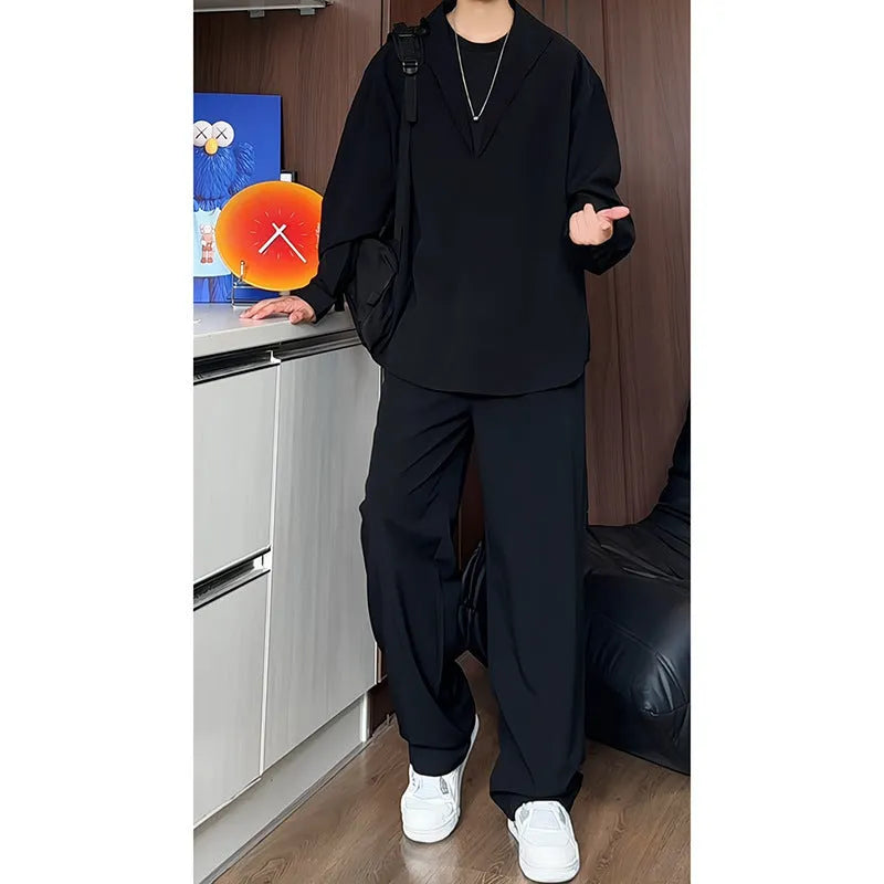 Men's black slim fit polo shirt and trousers two-piece casual suit on a hanger.