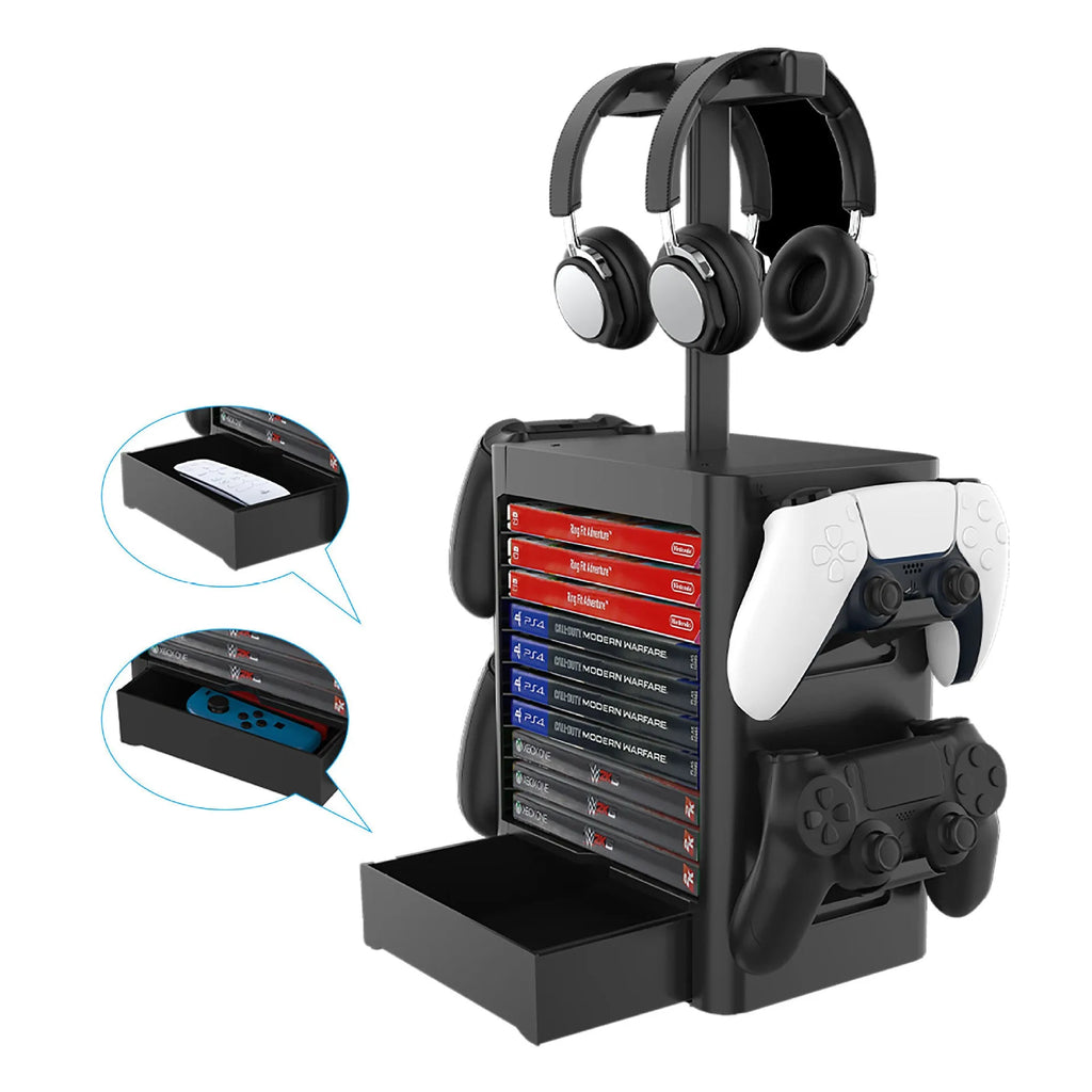 Black gaming console storage rack with side controller hangers, top headphone stand, and bottom accessory drawer