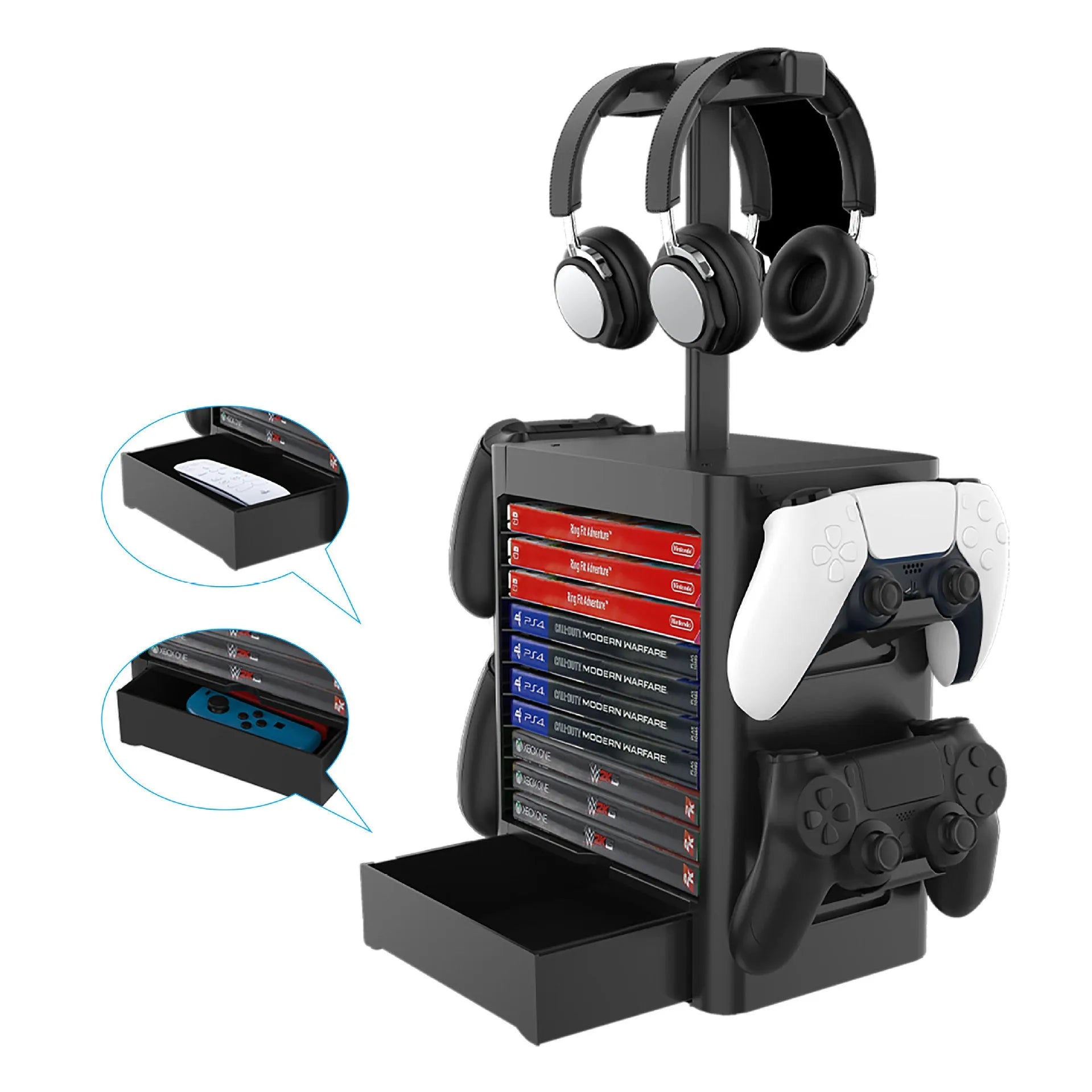 Black gaming console storage rack with side controller hangers, top headphone stand, and bottom accessory drawer