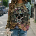 Black long sleeve sweatshirt with a detailed skull print on the front.