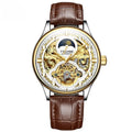 Men's gold and white leather strap waterproof automatic business watch