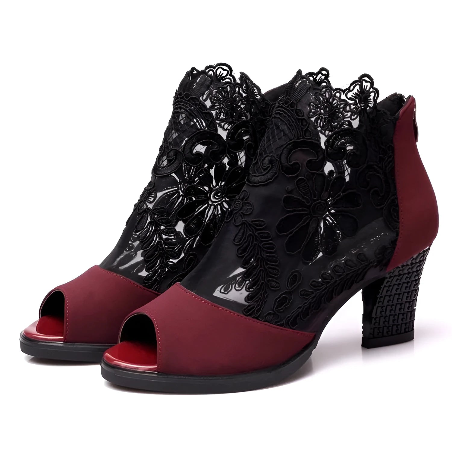 Lucyever women's black square heel gladiator sandals with floral lace and peep toe.