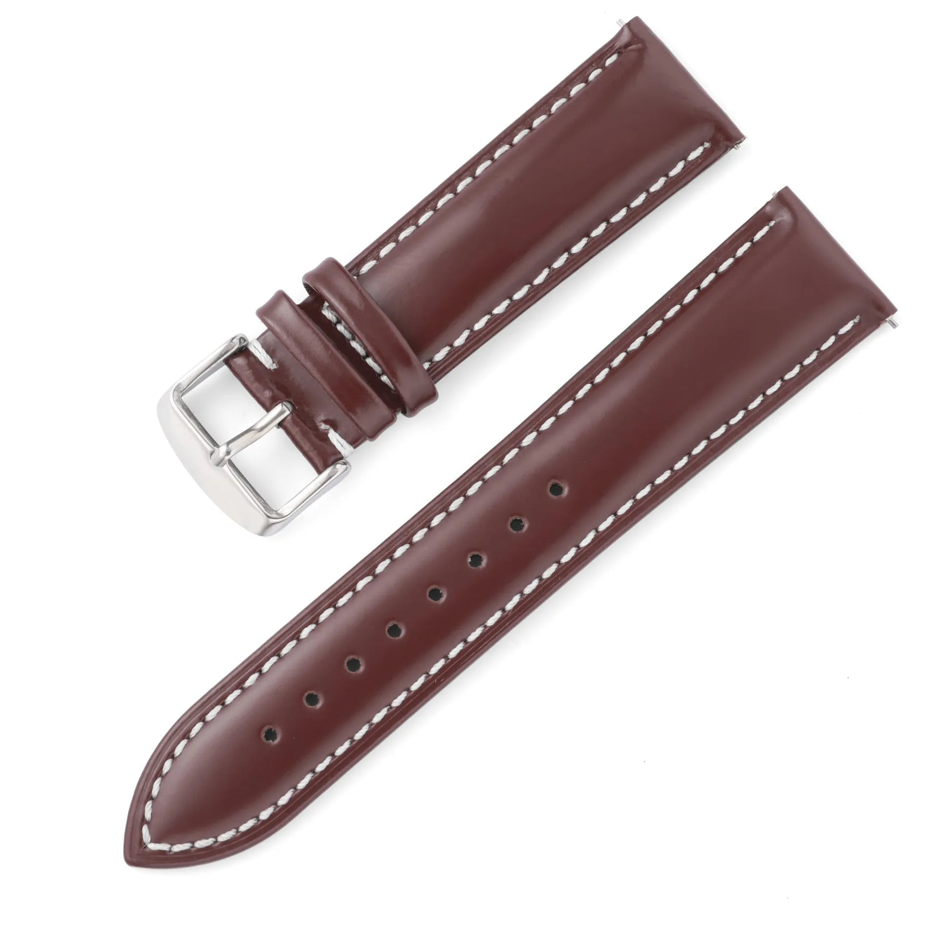 Quick release leather watch strap in bright cowhide, shown in various colours and widths on a watch