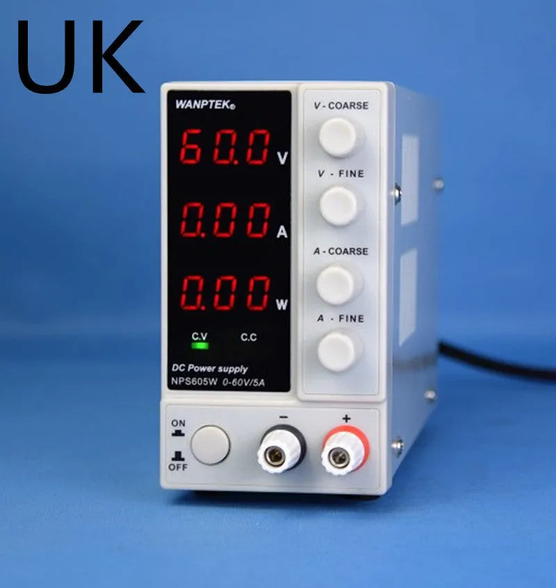 White adjustable DC bench power supply model NPS605W with voltage and current control dials.