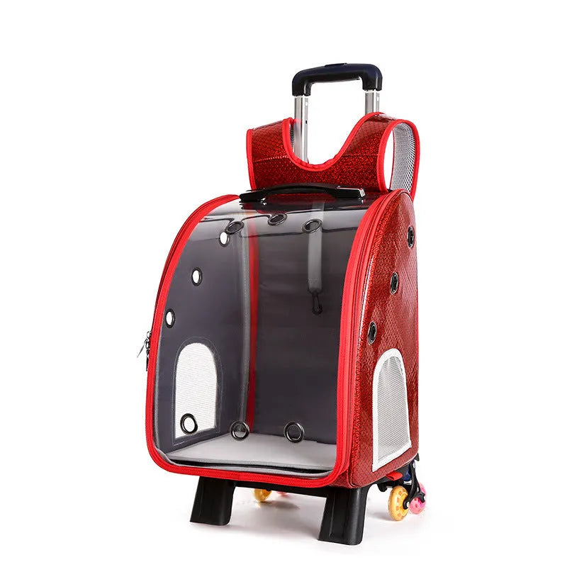 Blue pet trolley bag with transparent acrylic cover showing shoulder strap and trolley wheels