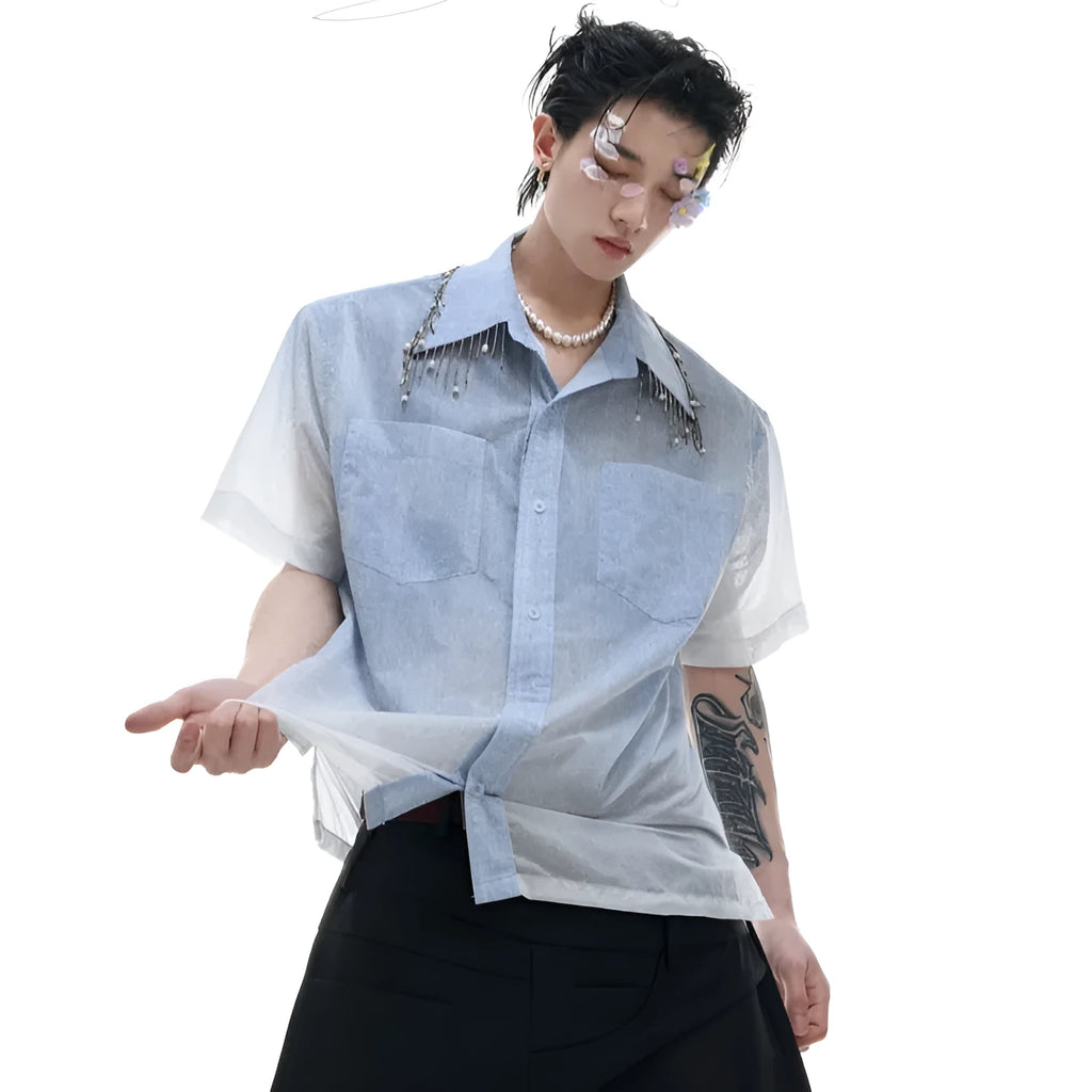 Blue and white gradient short sleeve shirt with loose fit summer design