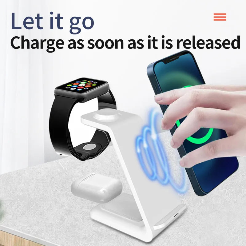 White 3-in-1 wireless charging stand with mobile phone holder upright position