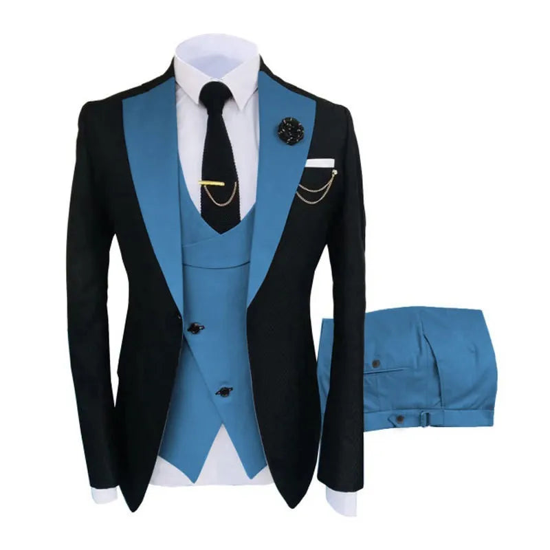Men's black slim fit three-piece cotton suit with vest for weddings.