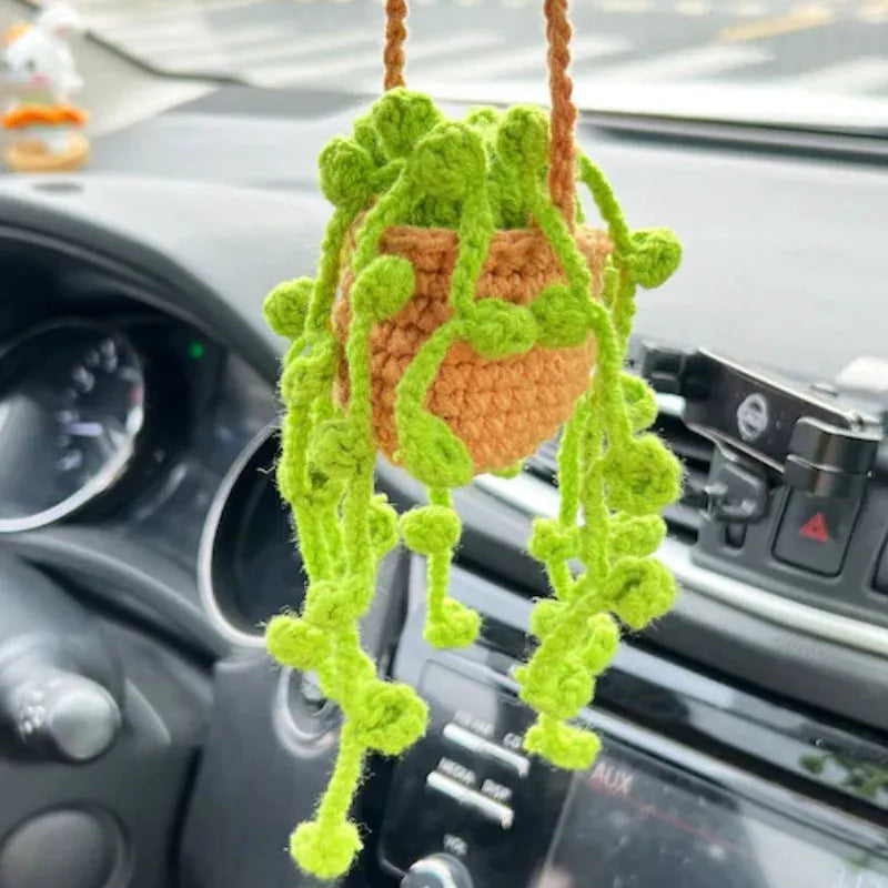 Green and white crochet car plant ornament with 25cm white hanging rope on 8cm basin base