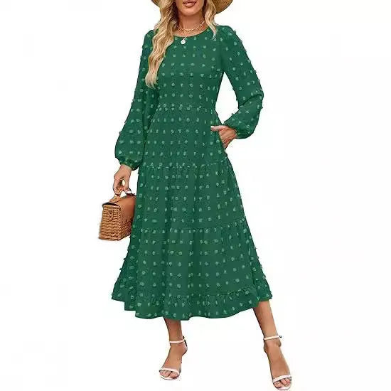 Women's beige long sleeve casual dress with ruffled sleeves and a high waist, shown on a hanger.