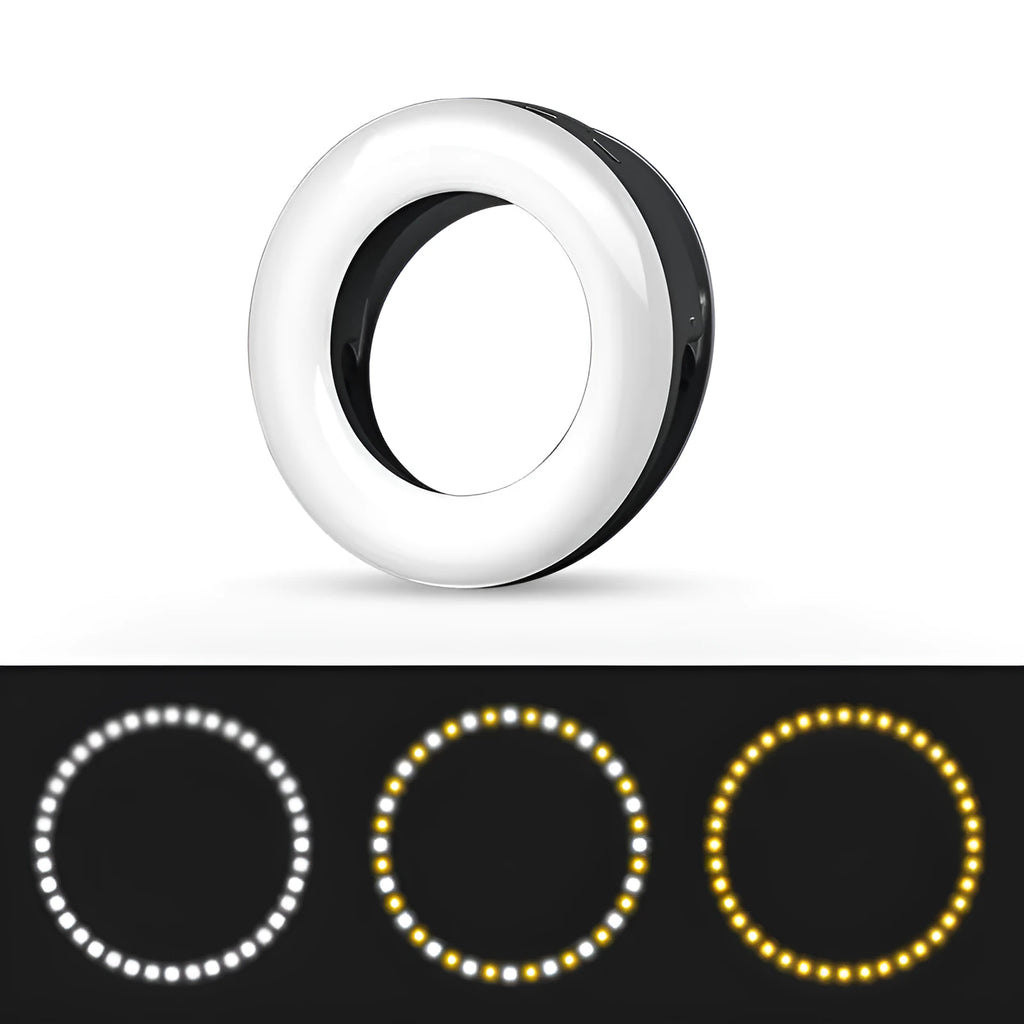 Compact black selfie ring light with USB cable for mobile phone photography and video lighting