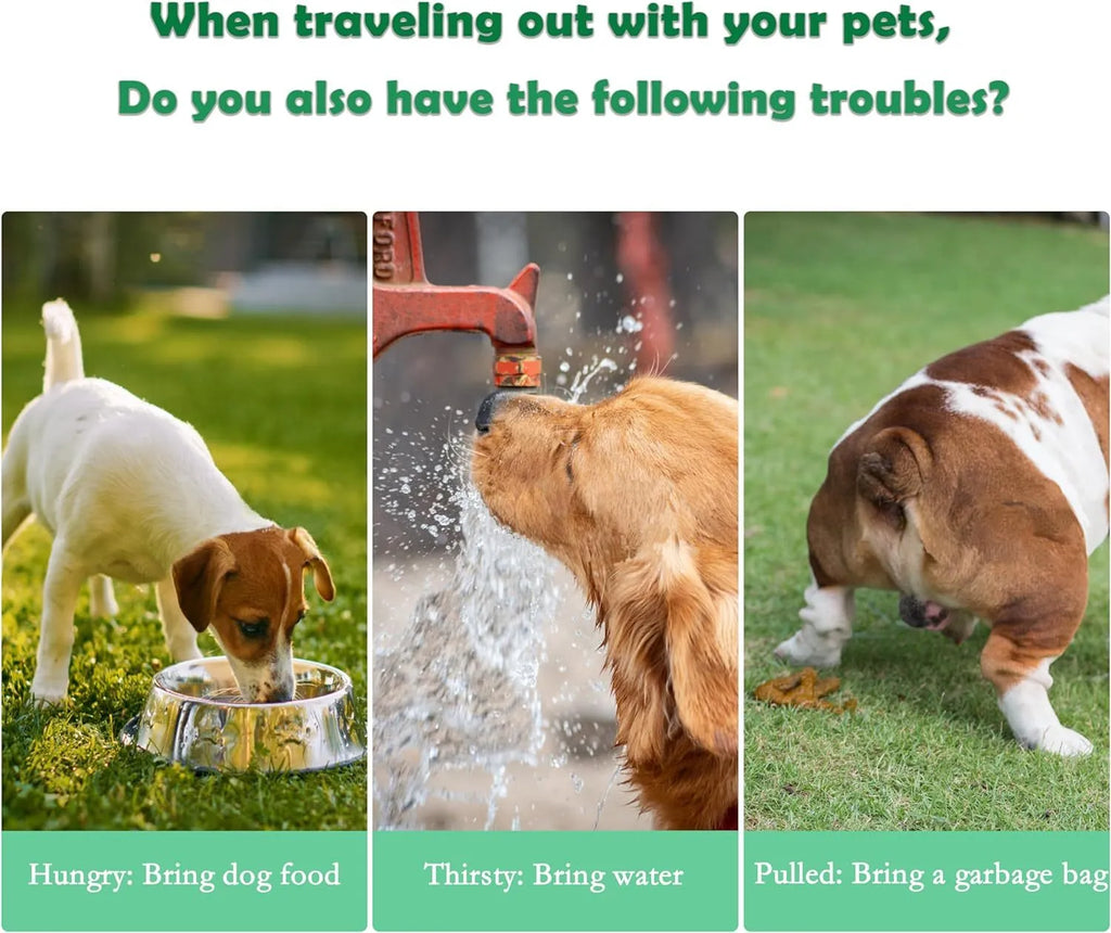 Green, pink, or white 3-in-1 portable pet water bottle with attached strap, food container, and bag dispenser.