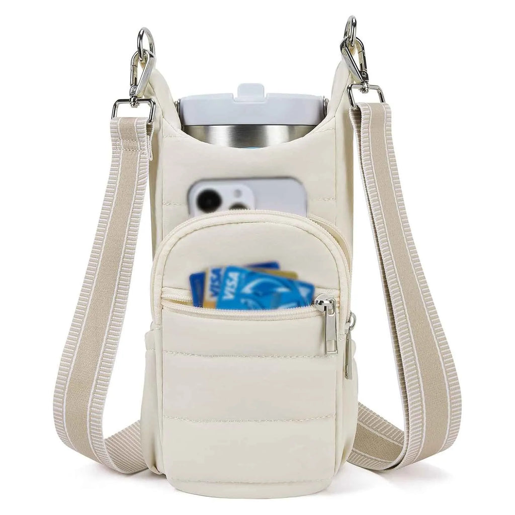 Cloth water bottle bag for bicycles in beige, black, or pink colours.