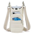 Cloth water bottle bag for bicycles in beige, black, or pink colours.