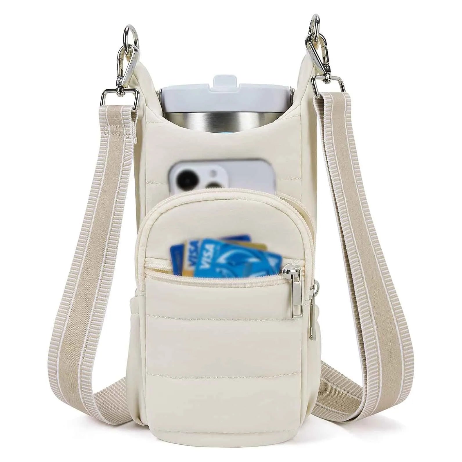 Cloth water bottle bag for bicycles in beige, black, or pink colours.