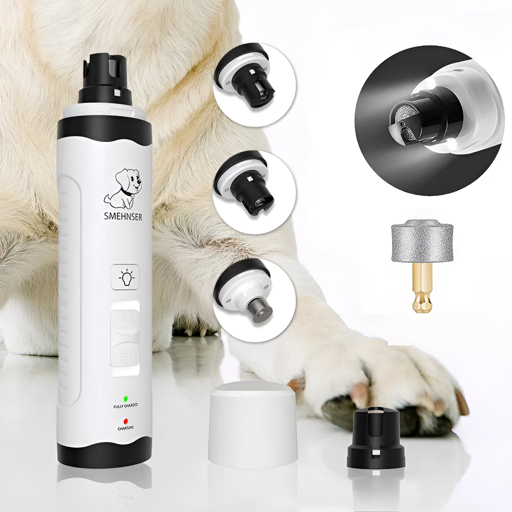 Electric dog nail grinder with LCD screen, LED lights, and a dust collection cup attached.