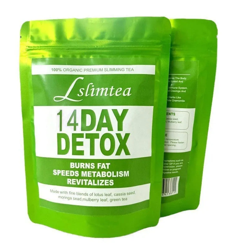 Box of 14-day herbal detox tea with 14 individual 3g sachets showing total 42g weight