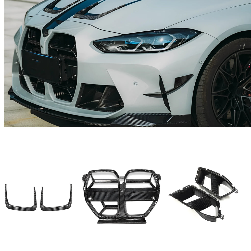 Black dry carbon fibre front bumper grille for BMW M3 M4 models with 3K weave pattern
