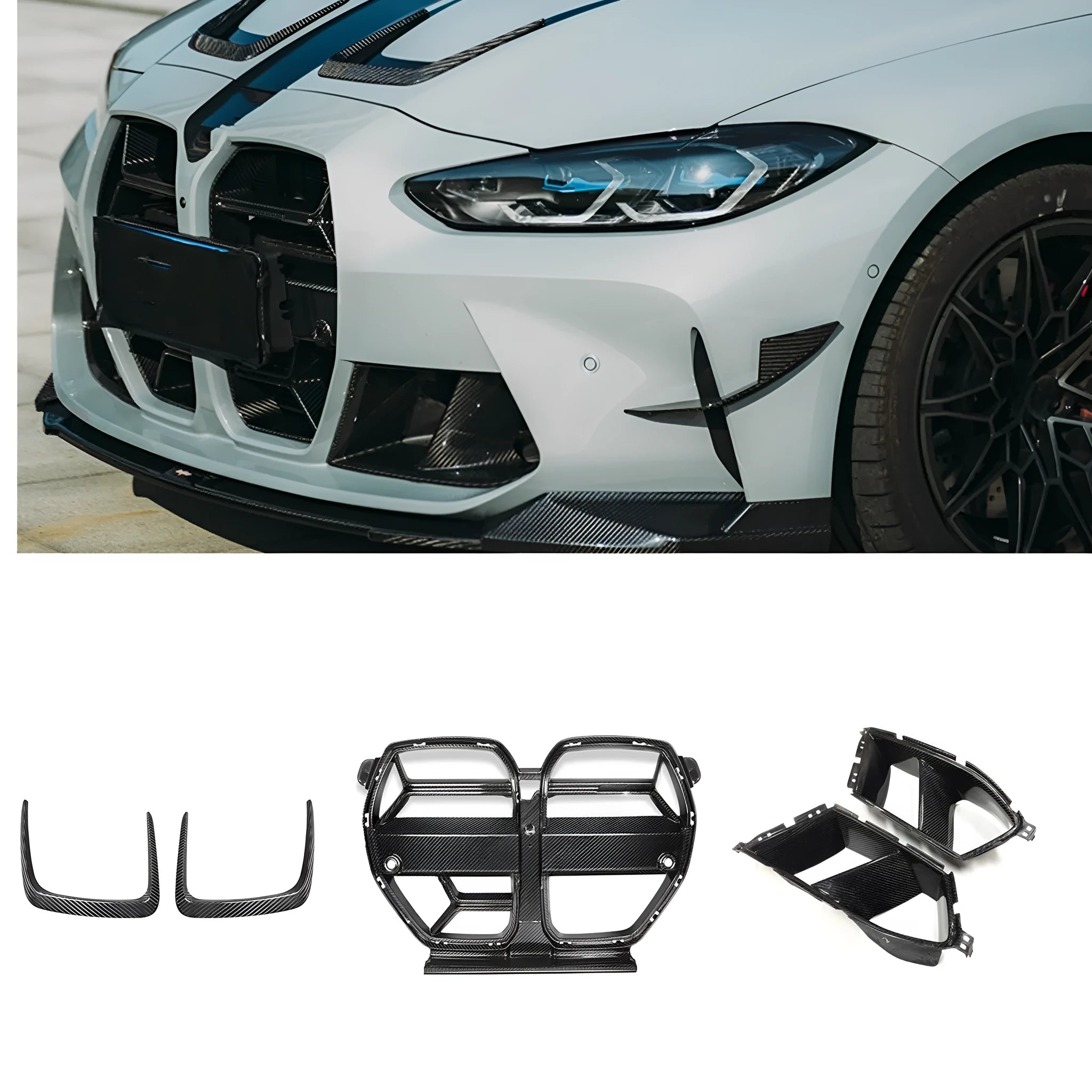 Black dry carbon fibre front bumper grille for BMW M3 M4 models with 3K weave pattern