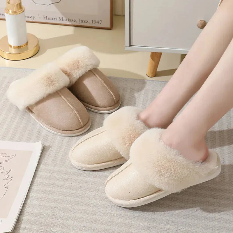 Women's winter plush slippers with round toe design in brown colour showing stitching detail