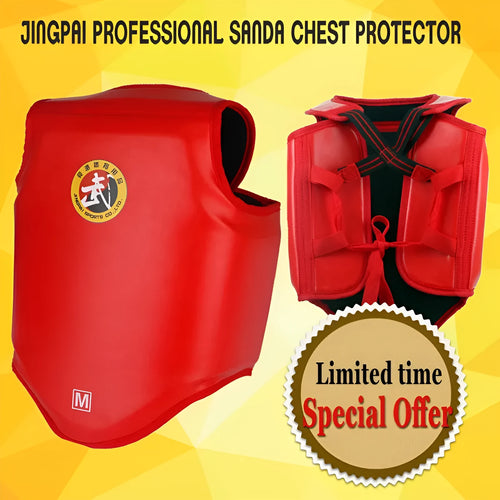 Red boxing helmet with integrated chest protector training gear shown from front
