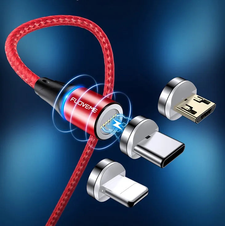 A black magnetic fast-charge data cable with LED light on the connector, next to a smartphone.