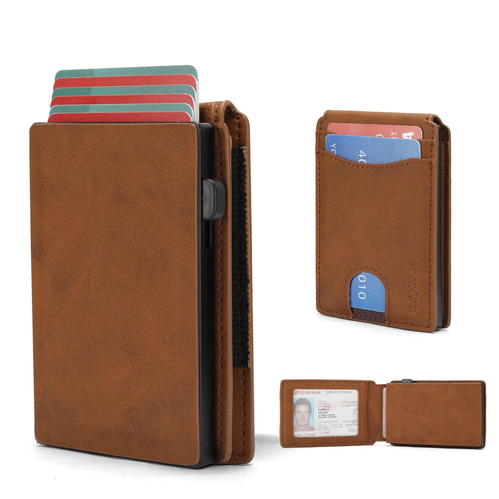 Men's slim RFID blocking card holder in synthetic leather showing black, dark brown, and light brown colour options