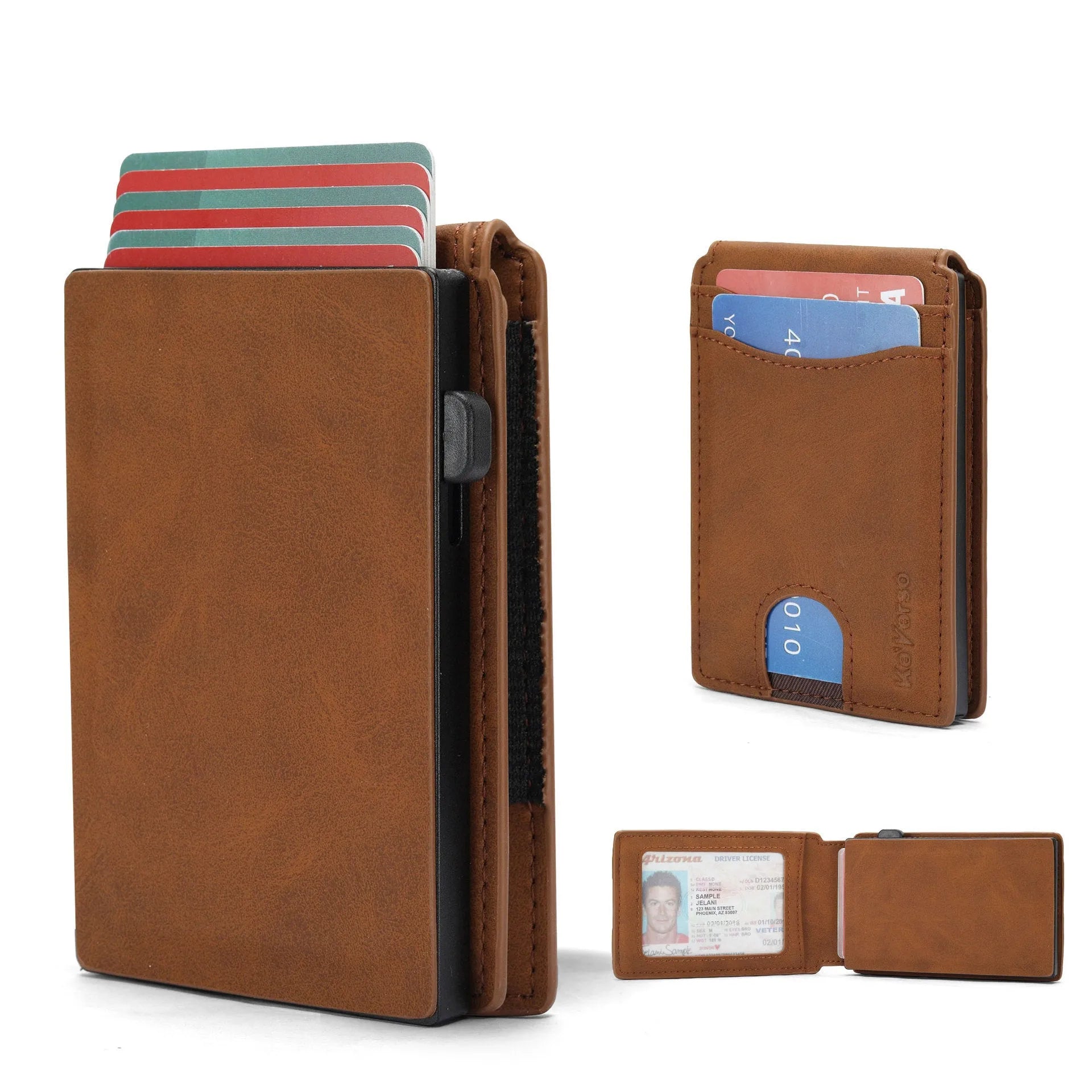 Men's slim RFID blocking card holder in synthetic leather showing black, dark brown, and light brown colour options
