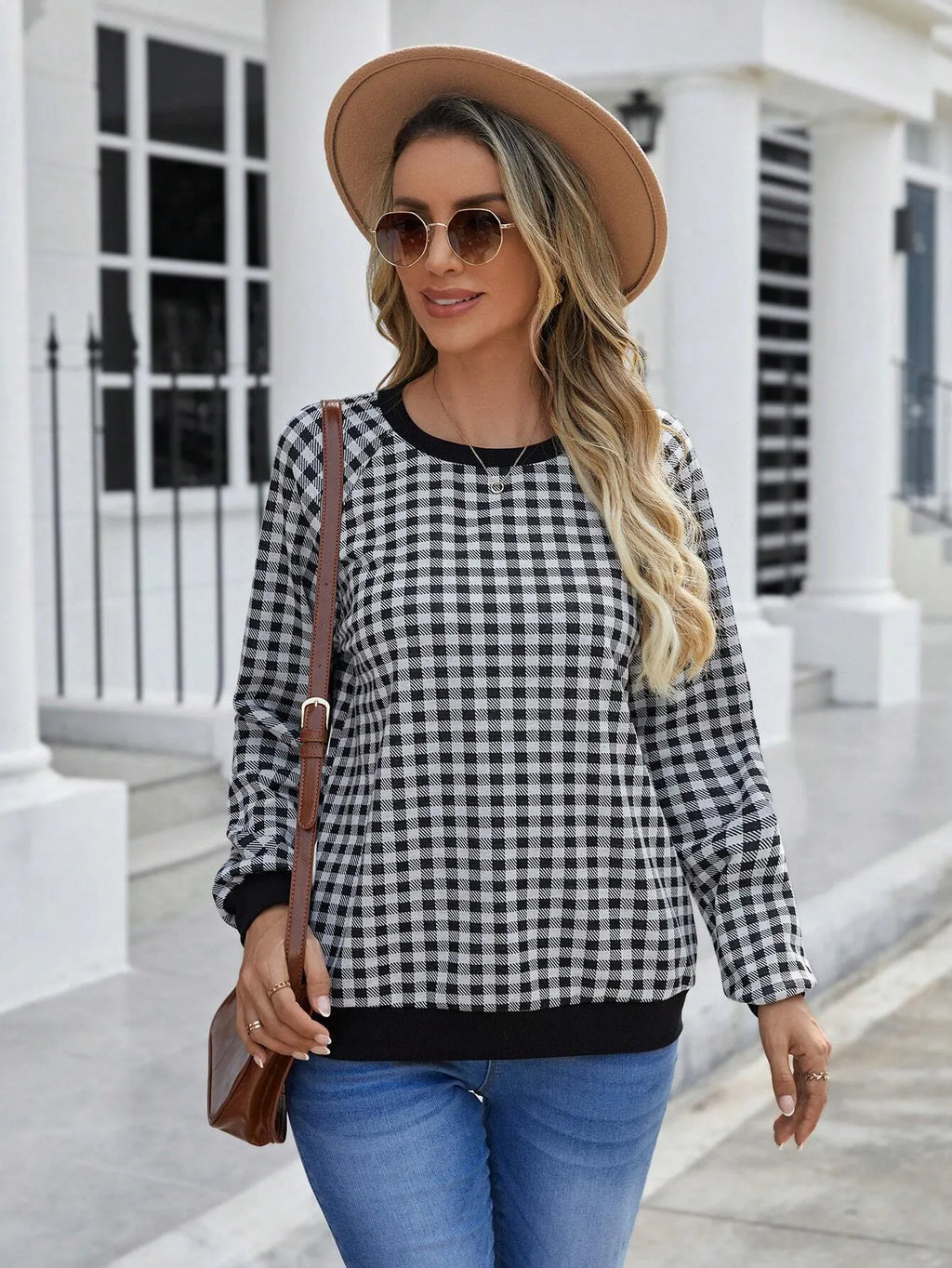 Black Japanese plaid pattern pullover sweater with long sleeves and stripe detailing