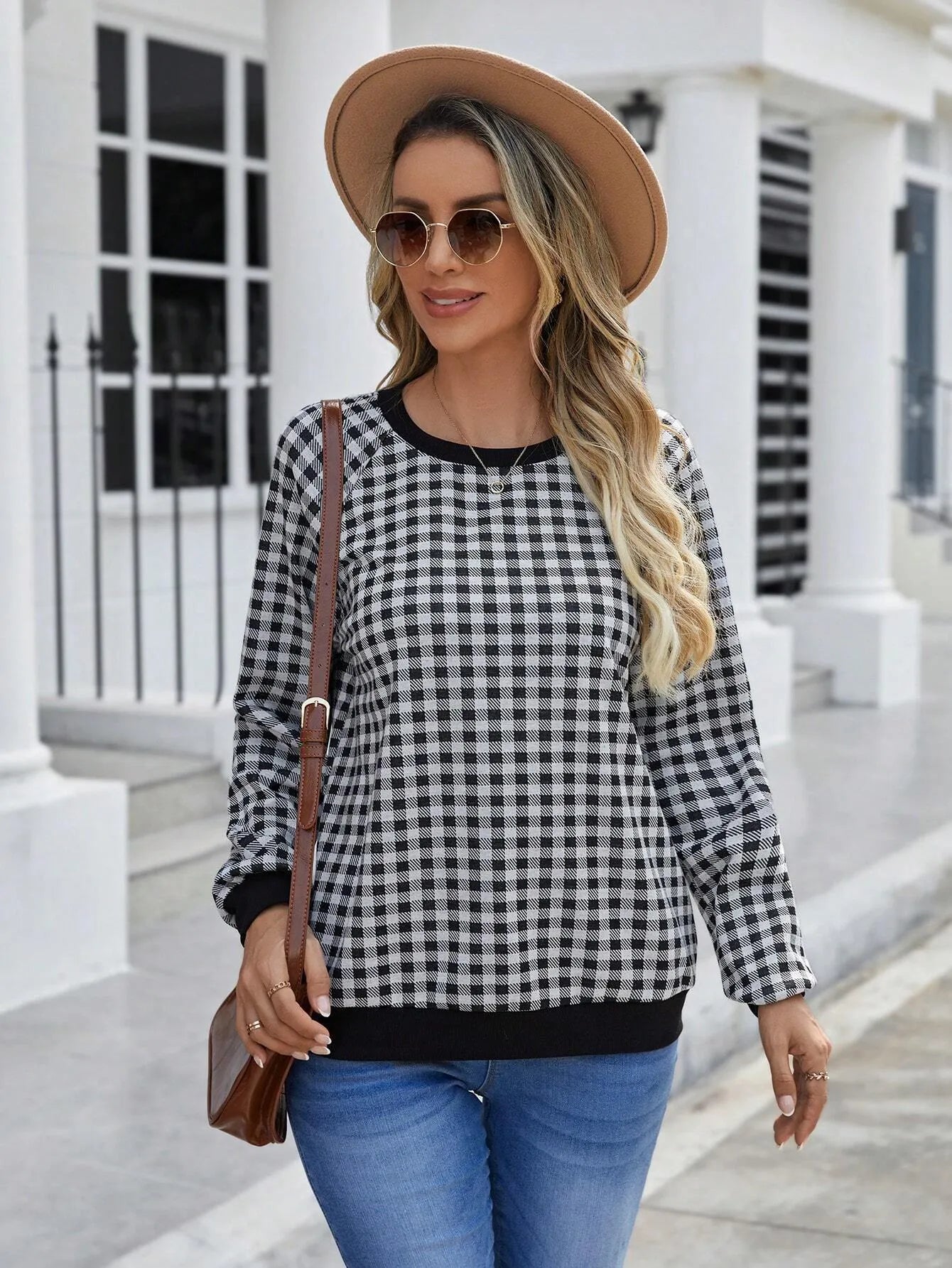 Black Japanese plaid pattern pullover sweater with long sleeves and stripe detailing