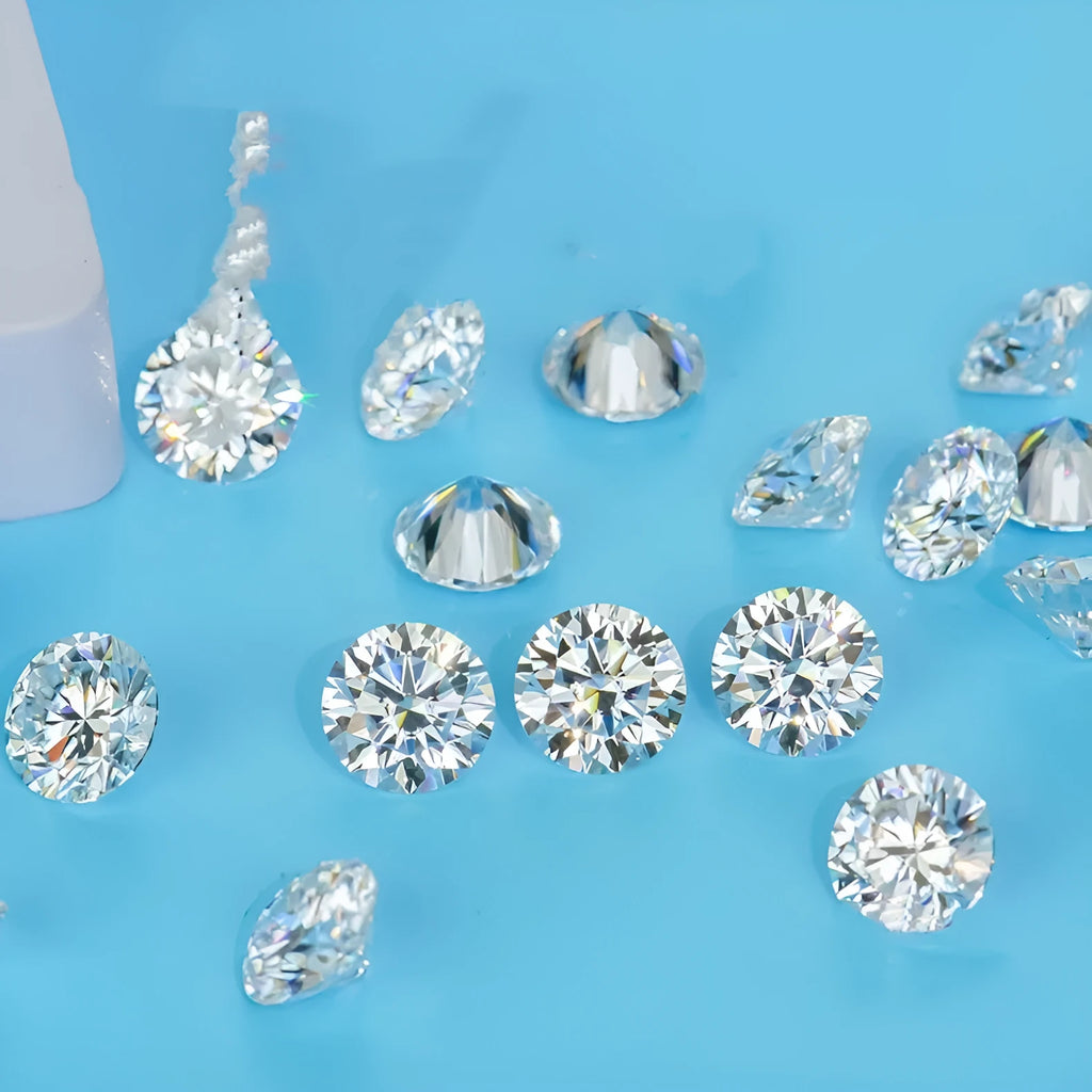 Round moissanite gemstone showing eight hearts and eight arrows cut pattern on dark background