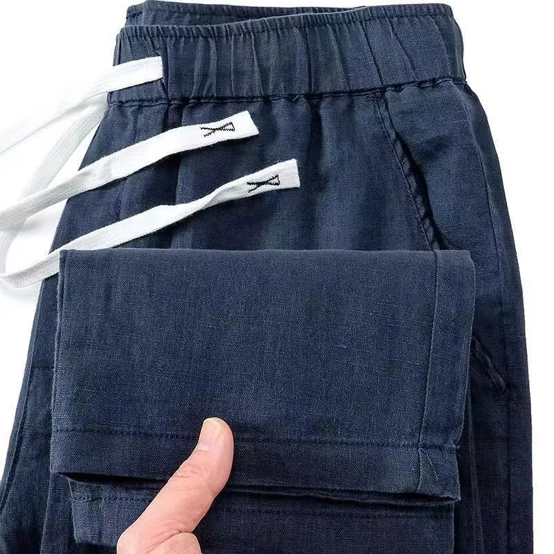 Pure linen Chinese style elastic waist trousers in straight leg design available in multiple colours