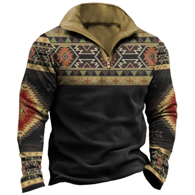 Men's loose-fit long-sleeved t-shirt with retro colour printing and a zip decoration detail.