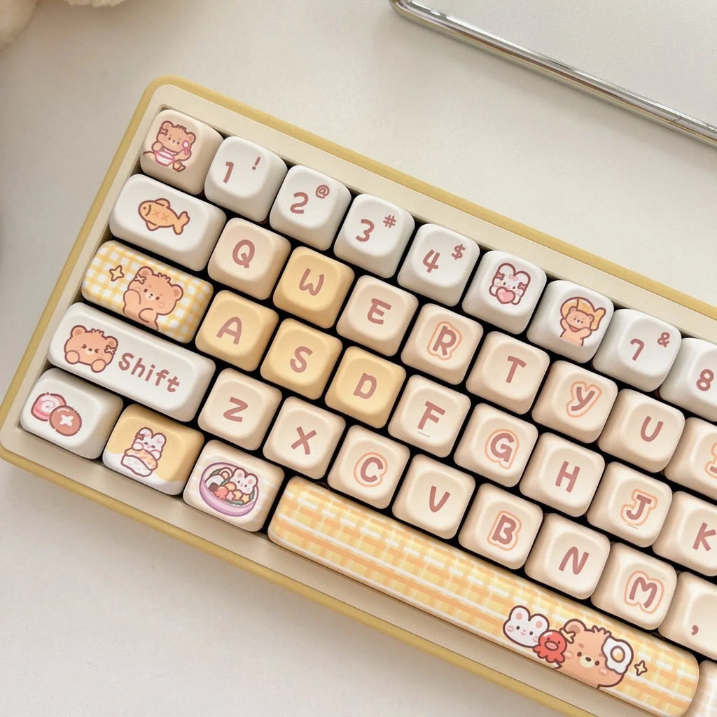 Set of 140 white PBT keycaps with colourful rabbit and bear restaurant theme, showing EOA height profile.
