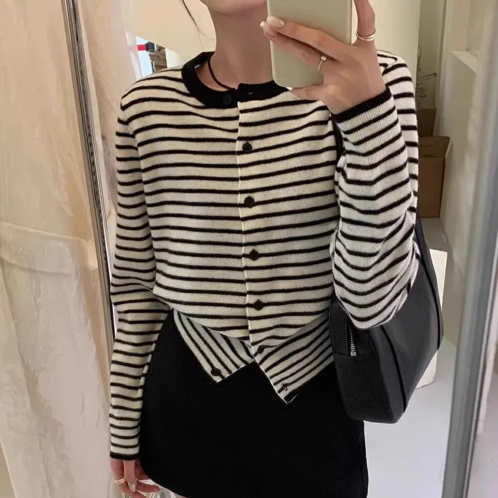 Women's dark grey and white striped cardigan coat with 40cm length and slim French style fit