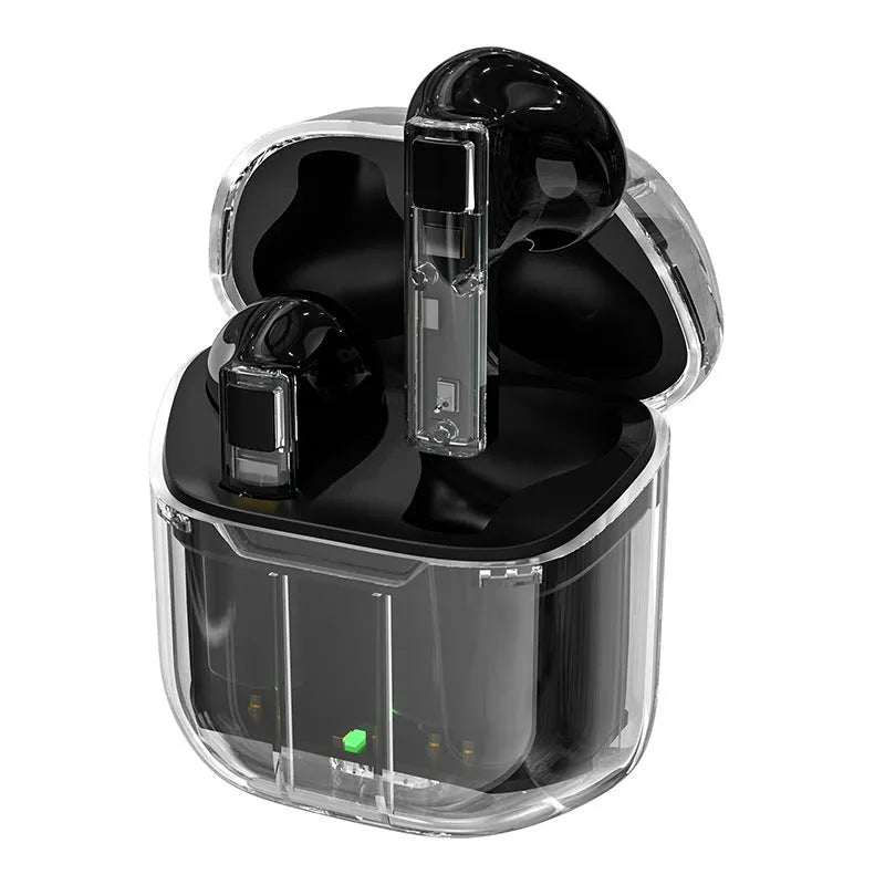YX06 wireless TWS headphones with transparent cabin body in black, green, orange, or white featuring Bluetooth 5.3 connectivity