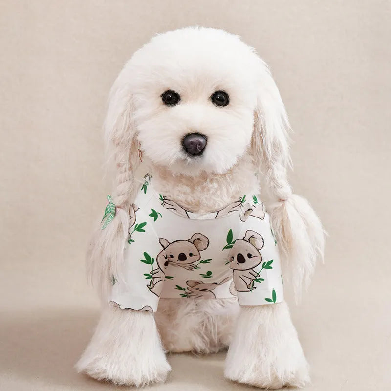 Small dog wearing full print polyester T-shirt clothing in casual style with measured bust and back length