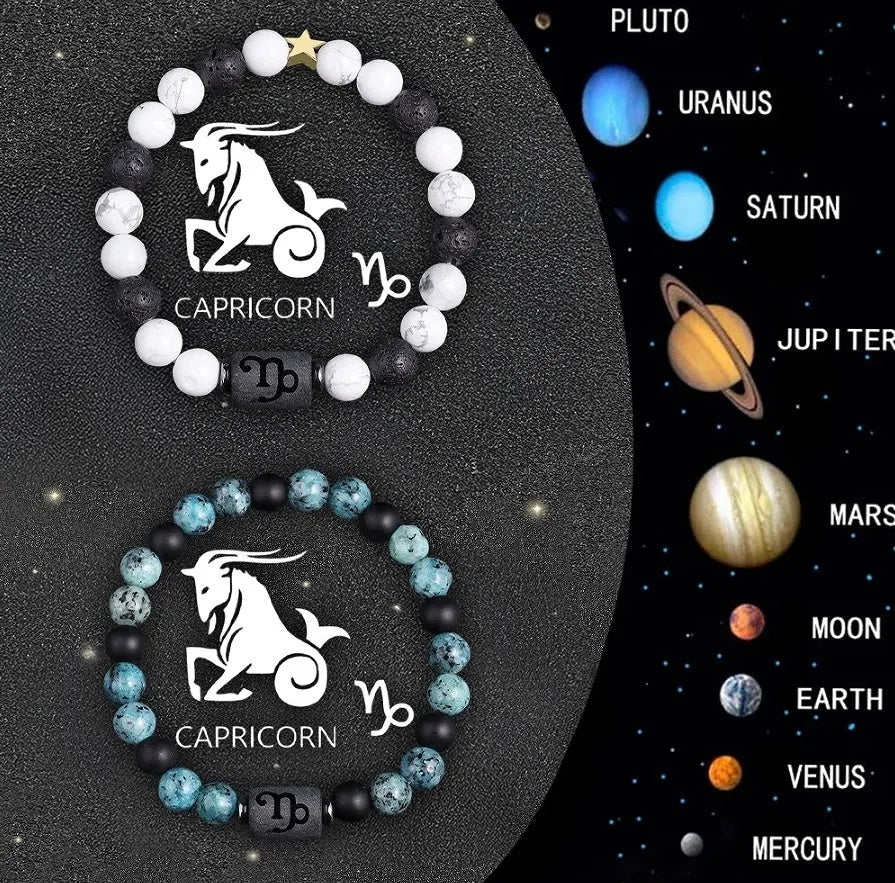 Natural stone beaded zodiac bracelet set showing twelve astrological signs