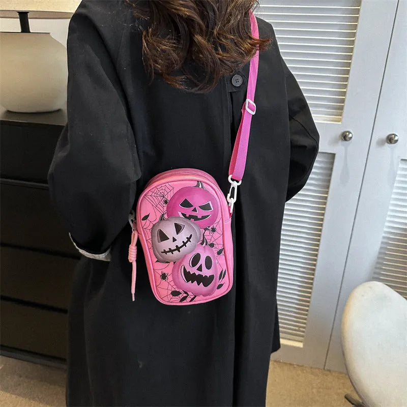 Halloween graffiti PU phone bag with pumpkin ghost bat cartoon print, crossbody shoulder bag
